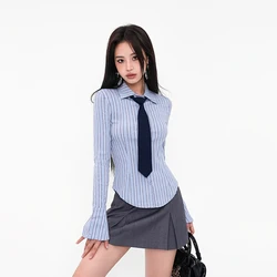 Women Long Sleeve Preppy Striped Blouse Shirt