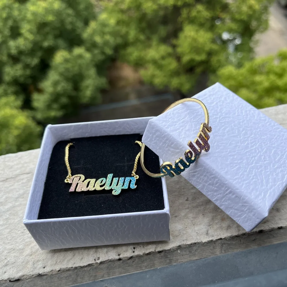 Duoying Custom Name Necklace Colorful Dainty Glitz Glam Nameplate Bangles Cuff Stainless Steel Gold Jewelry Set For Kids S0D7Cf5Eb37004B9Ebbad55B3700918F63
