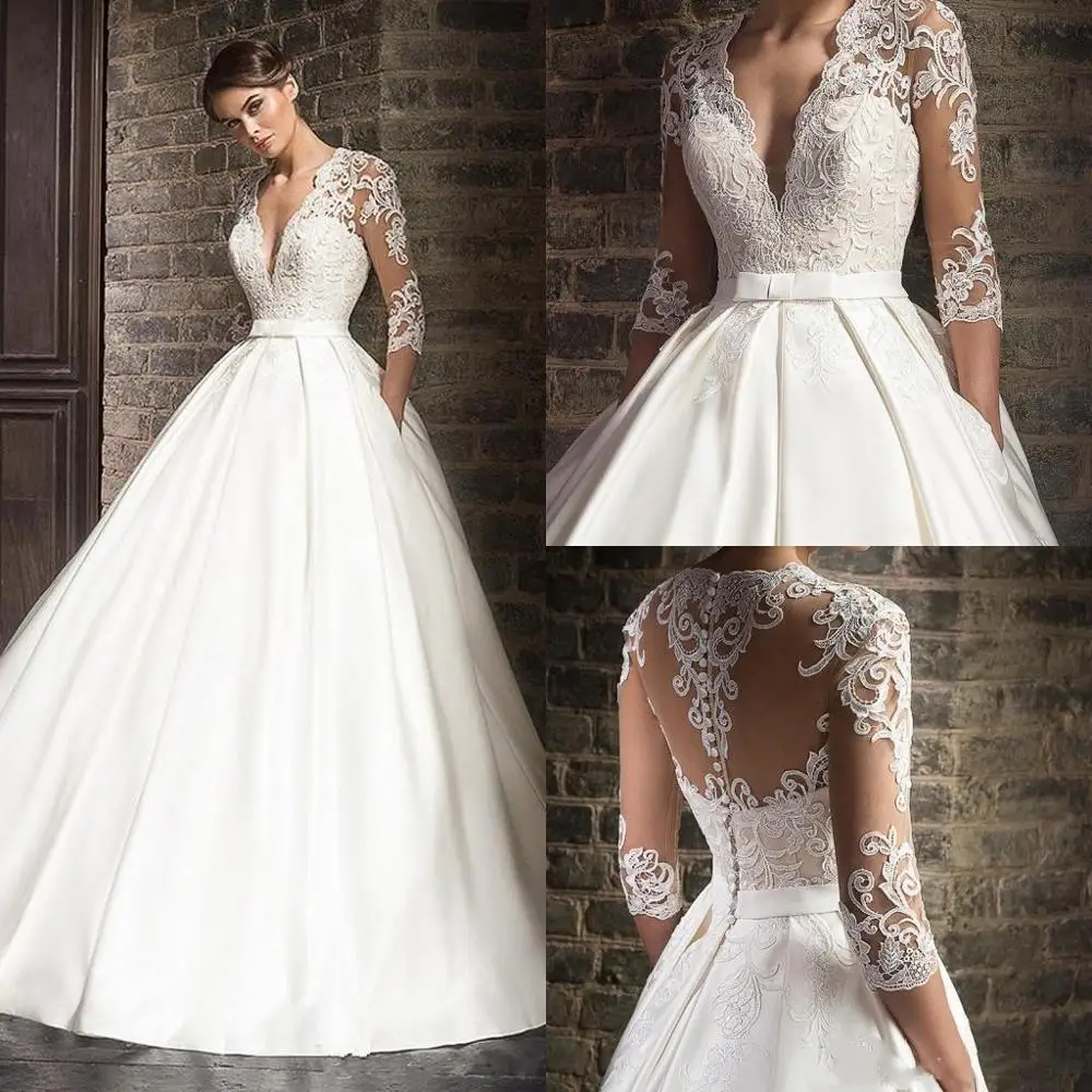 

Elegant Lace Wedding Dresses vestido de novia 2023 Half Sleeves V-Neck Bride Dress Sweep Train Pockets Custom White Ivory
