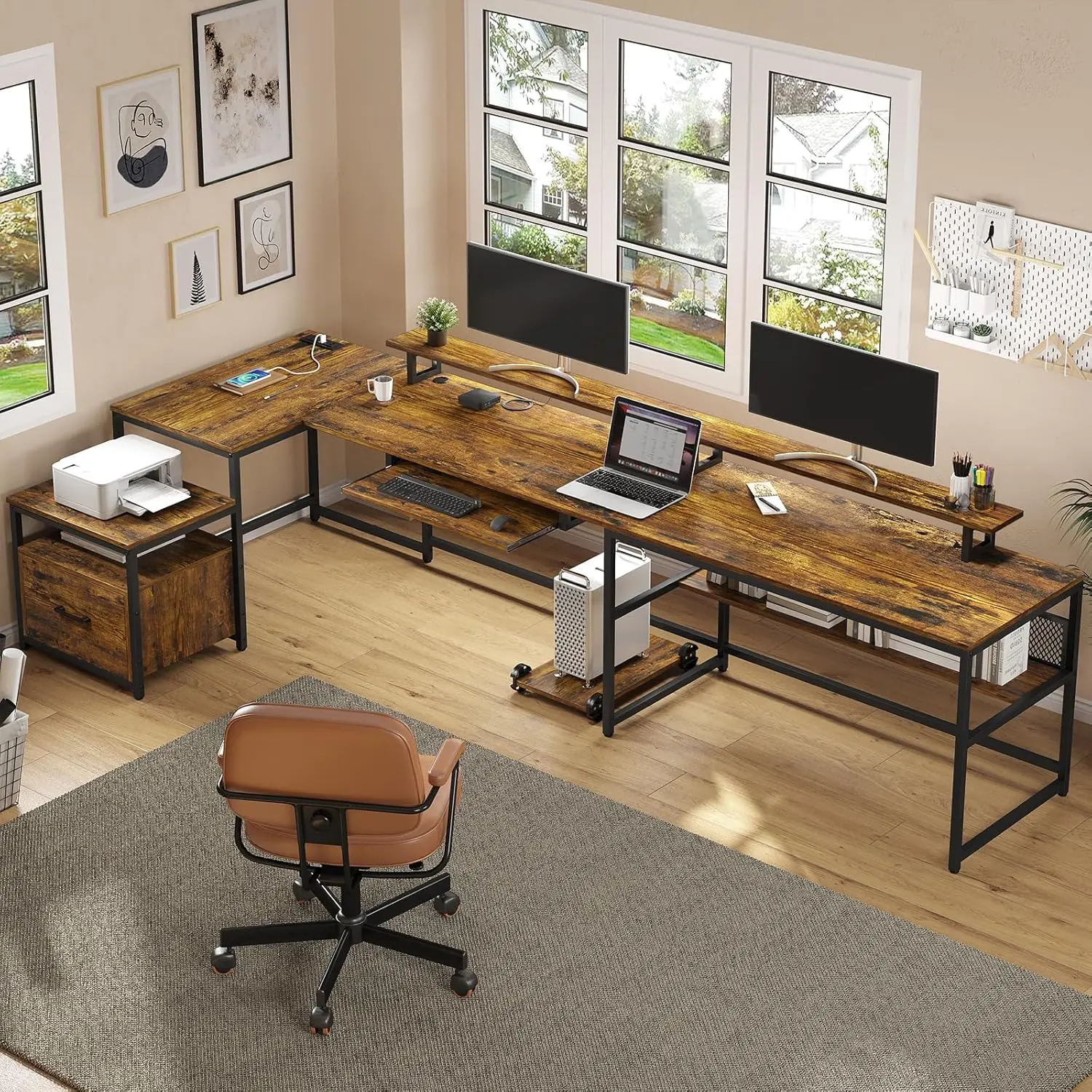 U Shaped Desk Reversible L Shaped Home Office Desk with File Drawer 101.5'' Computer Two Person with Monitor Shelf