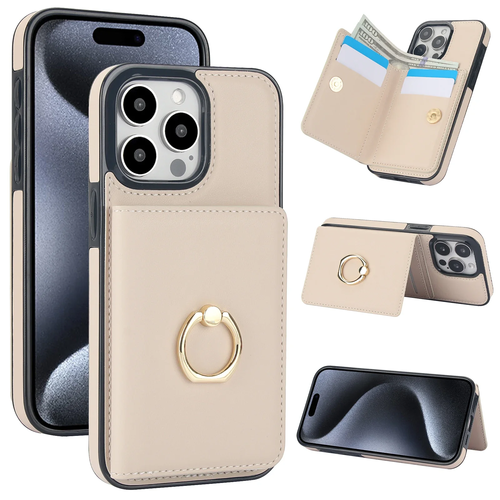 Leather RFID Card Holder Wallet with Ring Stand and Pocket Cover