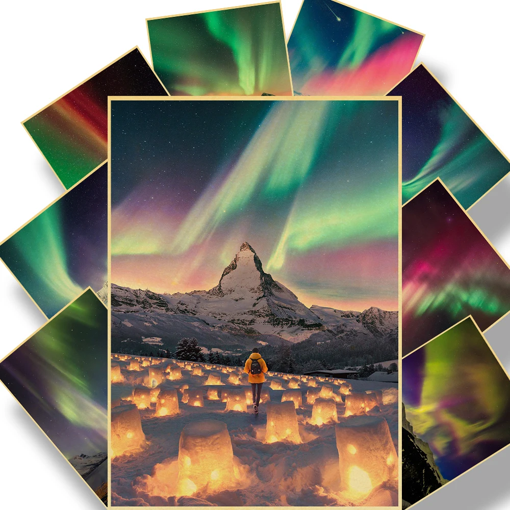 

Aurora landscape painting Scenery Posters Retro Vintage Kraft Paper Room Home decor Bar decoration maison Art Wall