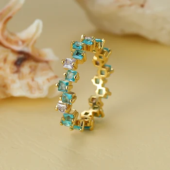 Unique Stagger Small Square Ring Gold Color Multicolor Lake Blue Light Purple Zircon Stacking Thin Rings For Women Wedding Bands