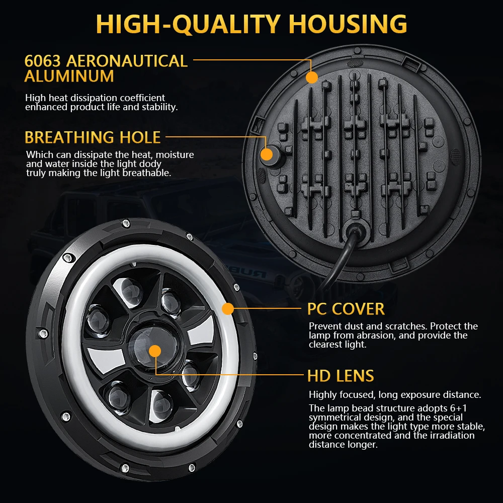 DRL 4x4 7inch Round Headlight with High/Low Beam Turn Signal Jeep Crystal Len 4