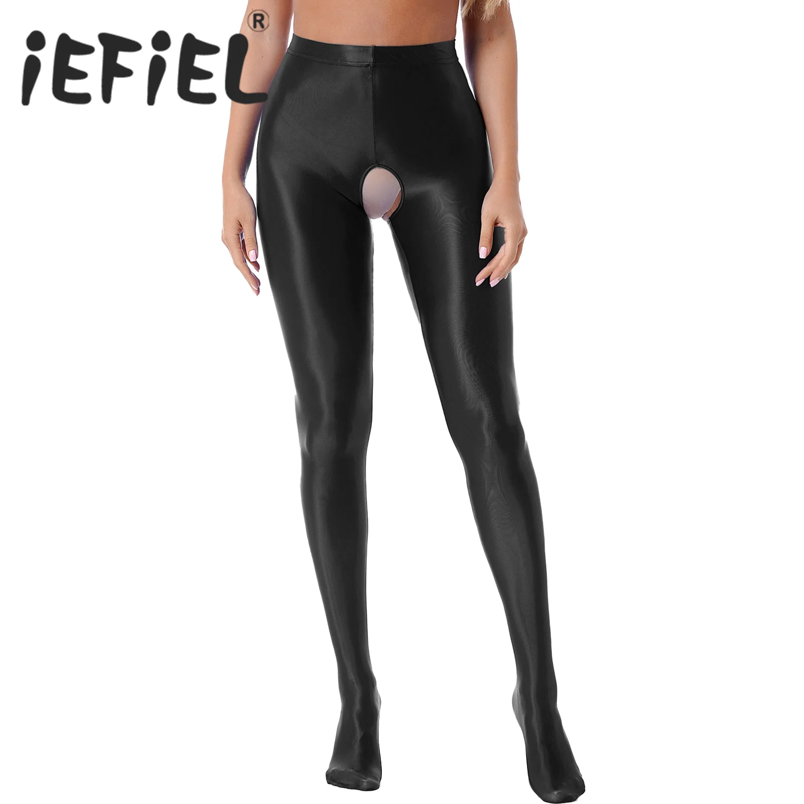 Womens Glossy Crotchless Pantyhose Female Clubwear Lingerie Stretchy Leggings High Waist Nightwear Nightclub Pole Dancing Pants