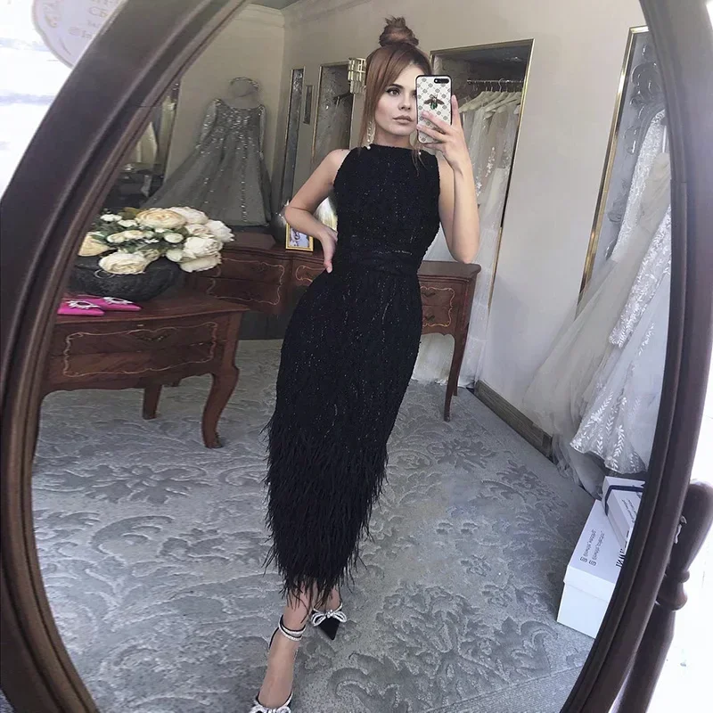 Classic Formal Sequin Feather Ball High Collar Long Dresses Cocktail Dresses Modern Style