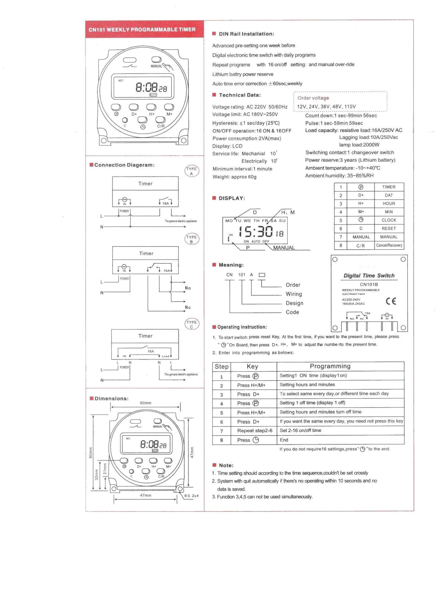 Timer Switch CN101A 12V/24V/110V/220V Single and double countdown micro cycle time control 16A