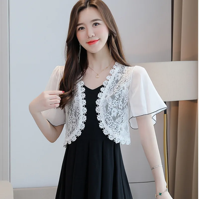 3506 기모노 짧은 여름 코트, 얇은 자외선 차단 코트, 레이스 코트, 여성 쉬폰 소매 가디건 코트, 얇은 섹시 블랙 화이트