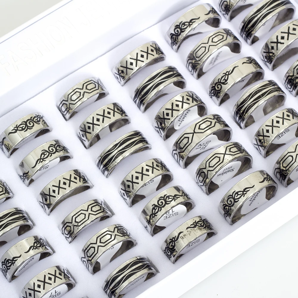 24 Pcs/Lot Vintage Hip Hop Stainless Steel Rings for Men and Women Black Printed Butterfly Geometric Fashion Jewelry