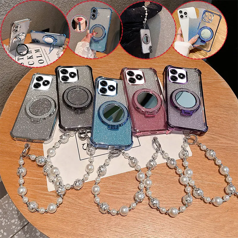 Bling Glitter Lipstick Mirror Phone Case with Pearl Chain - Anti-Drop Shockproof Cover