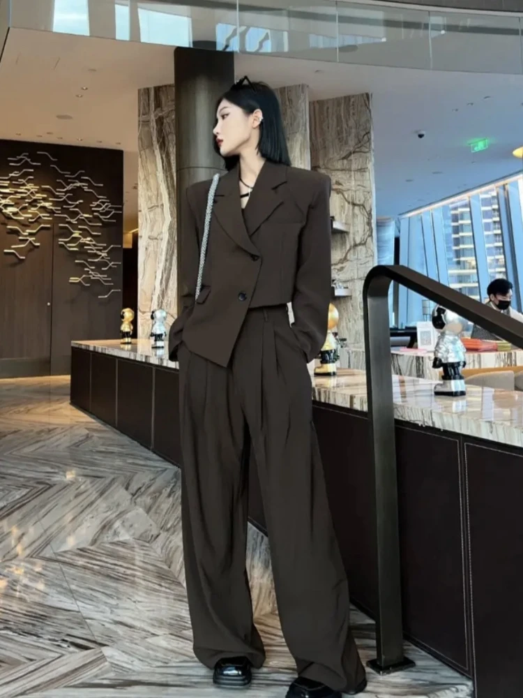 

Insozkdg 2023 Autumn Winter Grey Irregular Oversize Blazer + Wide Leg Pants Two Piece Suit New Lapel Long Sleeve Women Fashion