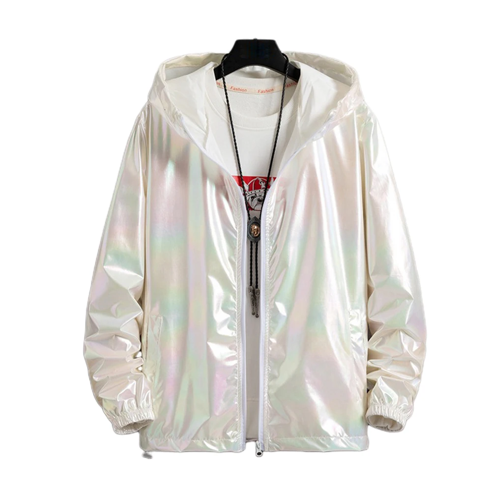 

Men Summer Ice Silk Ultra-thin Bright Colorful Reflective Sunscreen Hooded Long Sleeve Pockets Coat Streetwear Men's Jacket