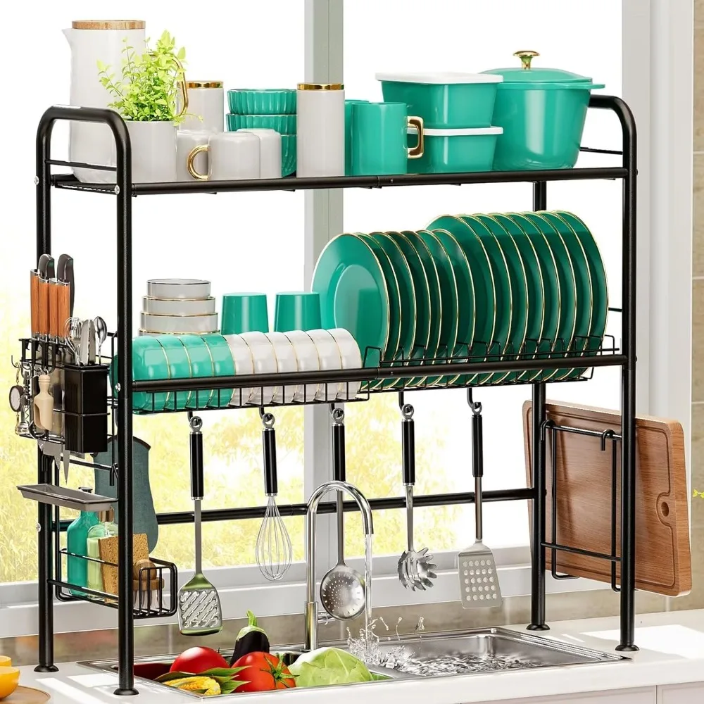 

MOUKABAL Over The Sink Dish Drainer Drying Rack: 2-Tier | Space Saving- Multifunctional & Storage Counter Kitchen Organizer