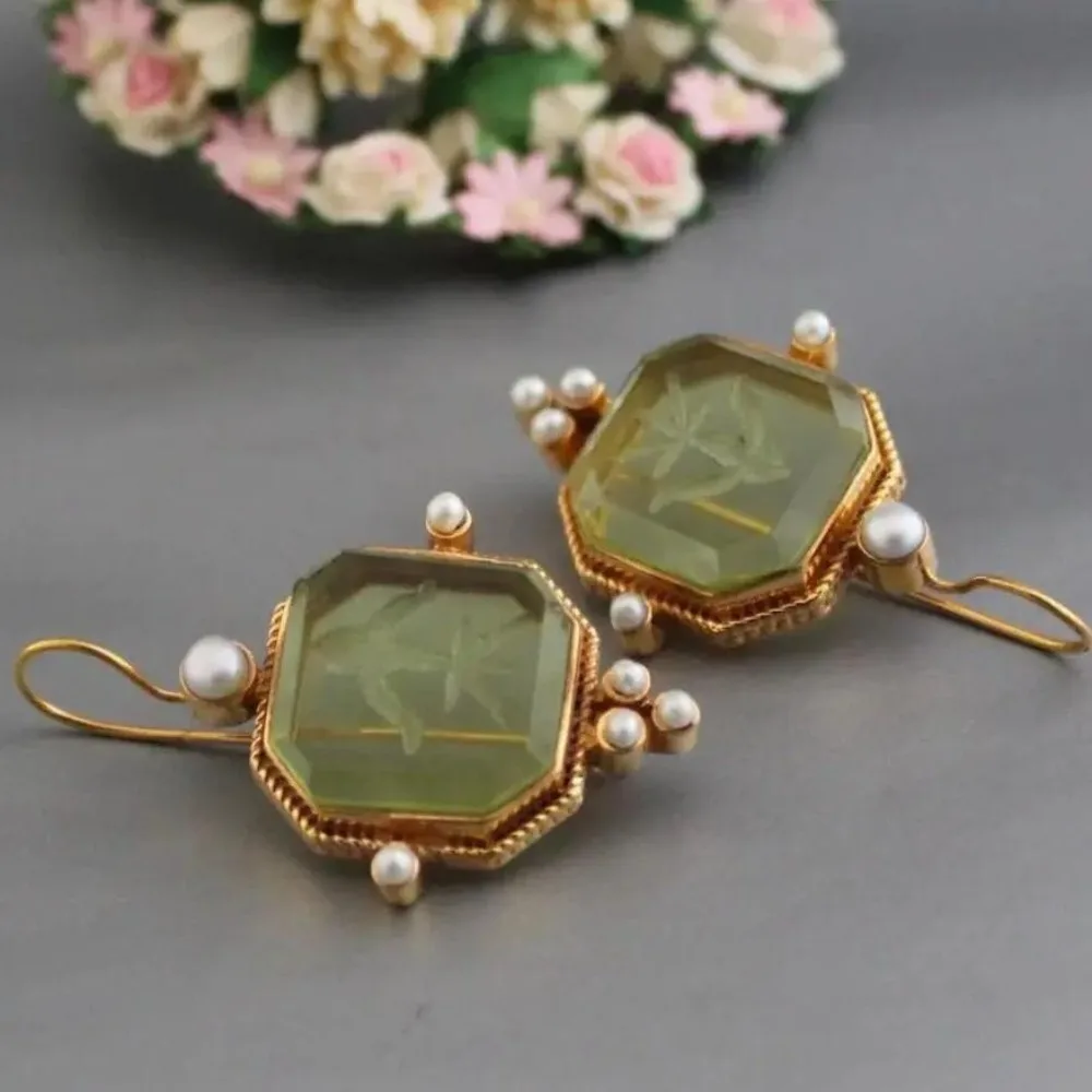 Square Shape Dangle Earrings Green Color Elegant Pearl Earrings New Vintage Trend Sweet Green Zircon Earrings for Women