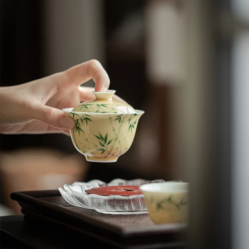 Yellow Hand-painted Xiangfei Bamboo Gaiwan White Porcelain Covered Bowl Chinese Style Tea Set Tea Making Bowl