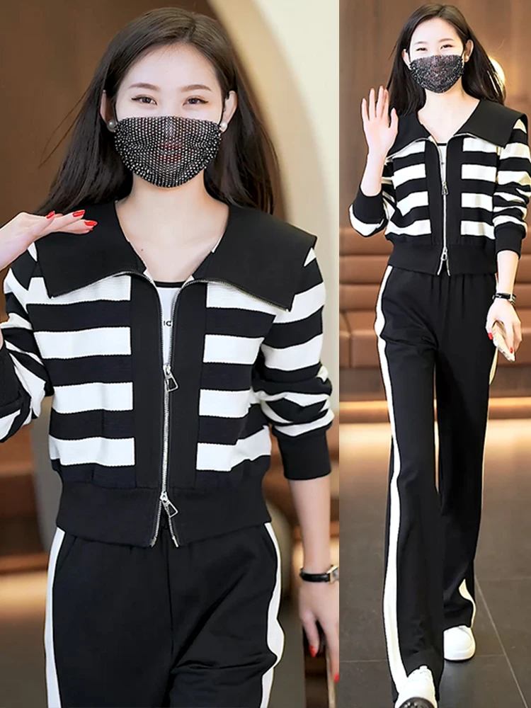

Fashion Striped Cardigan Short Coat+Wide Leg Pants Two Piece Set For Women 2023 Autumn New Casual Sweatshirt Tracksuit Run Sets