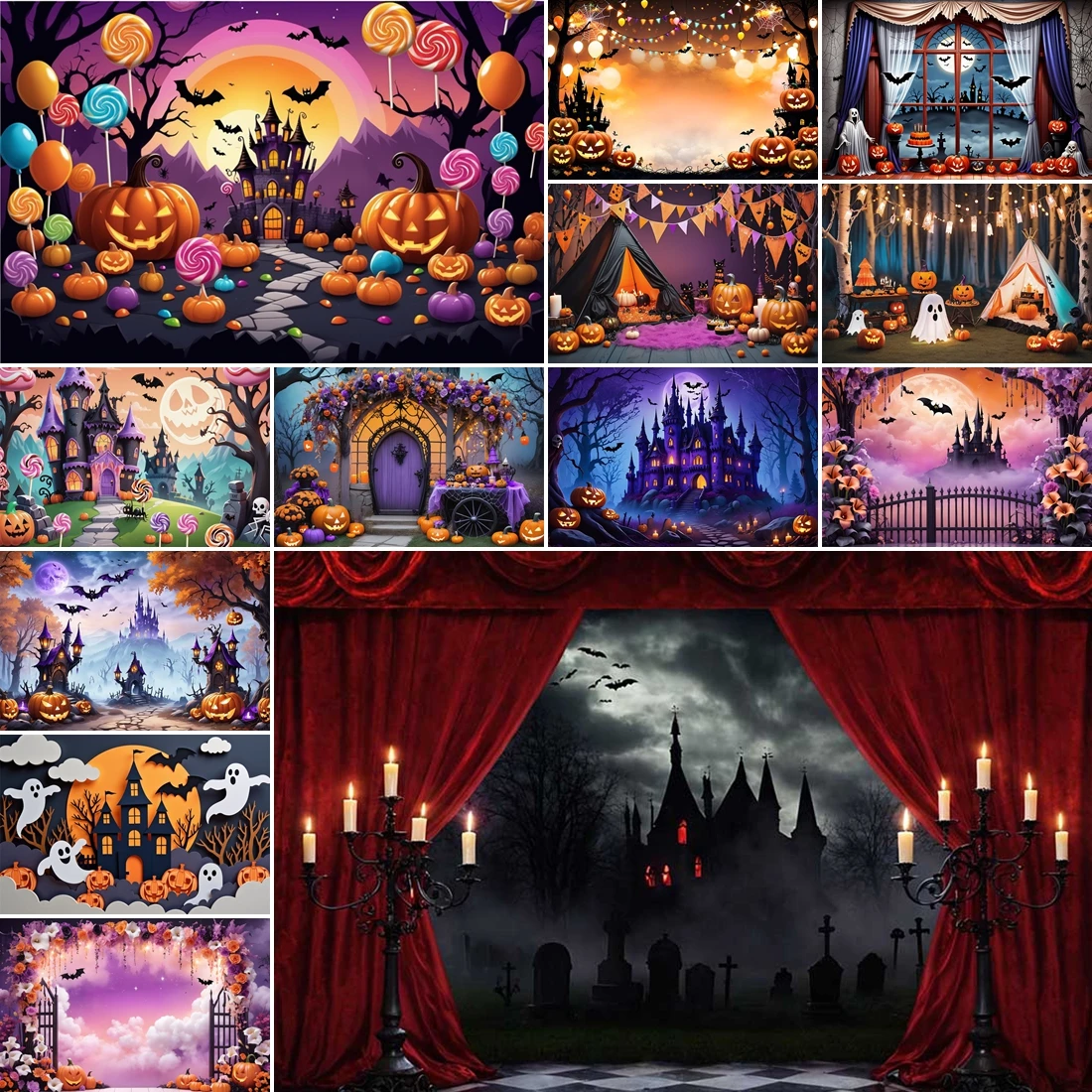 MOON.QG Gothic Halloween Background Dark Castle Cemetery Bats Ghosts Spooky Curtain Window Photozone Studio Portrait