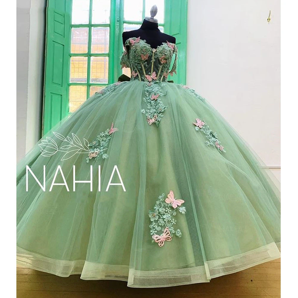 

ANGELSBRIDEP мятно-зеленые платья Quinceanera с бантом мексиканское бальное платье с открытыми плечами принцесса длинное Тюлевое милое платье для выпускного вечера 16