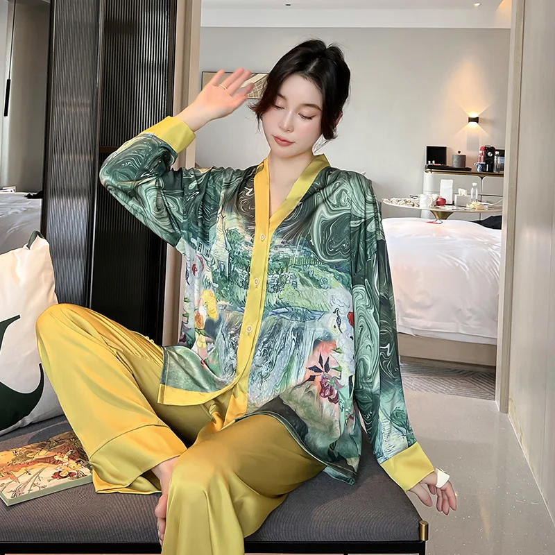 Women Pajamas Set Luxury Style Painting Print Satin Silky V Neck Nightie Home Suit