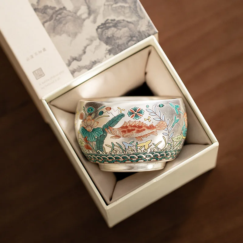Chinese Style Tea Cup Set, Fish and Algae Pattern, Silver Gilded Master Ceramic Cups, Personal Cup, Savoring Single Kung Fu, Mug