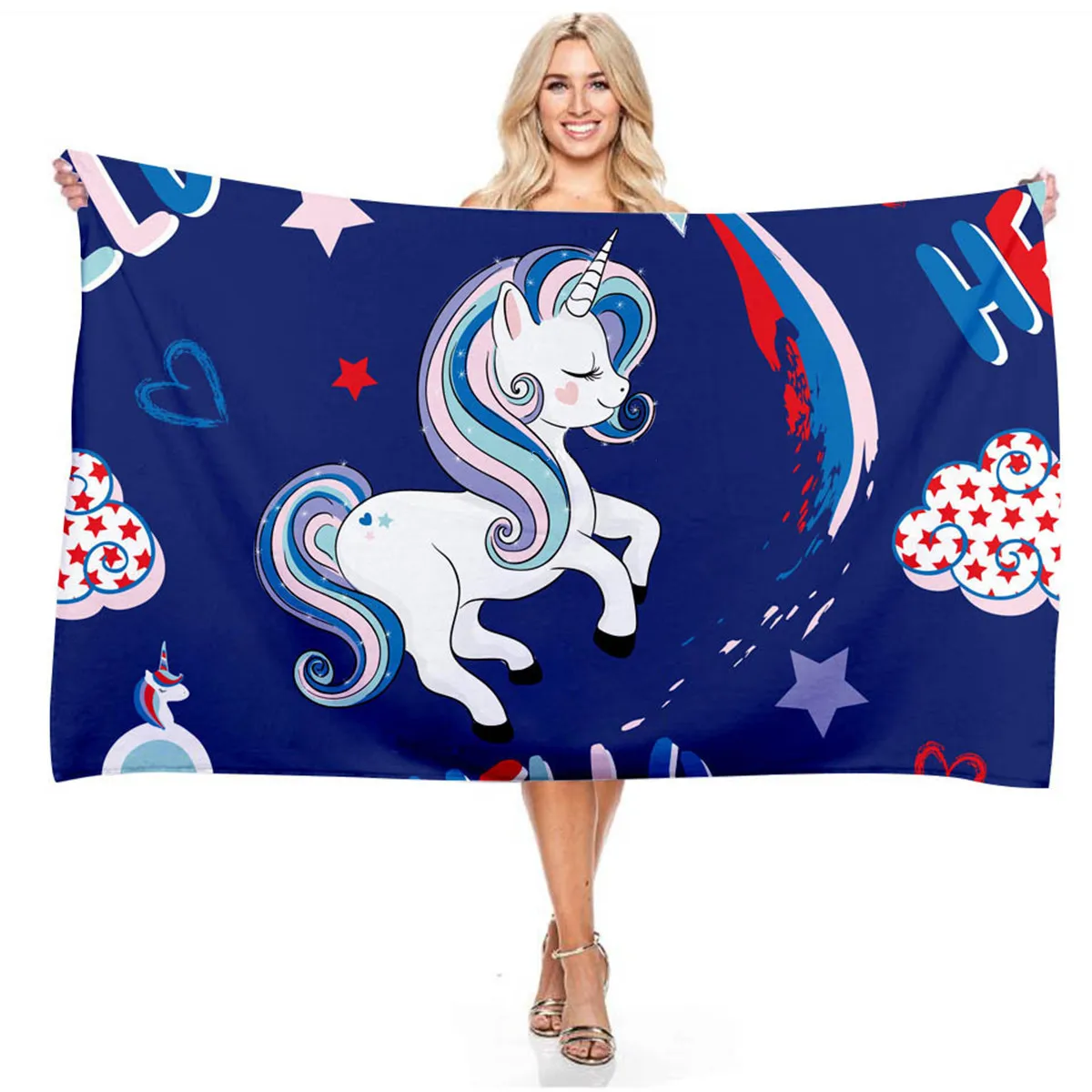 Cartoon Gradient Flower Unicorn 3D Digital Print Rectangular Beach Towel for Boys and Girls Outdoor Swimming Bibulous Bath Towel bath towels