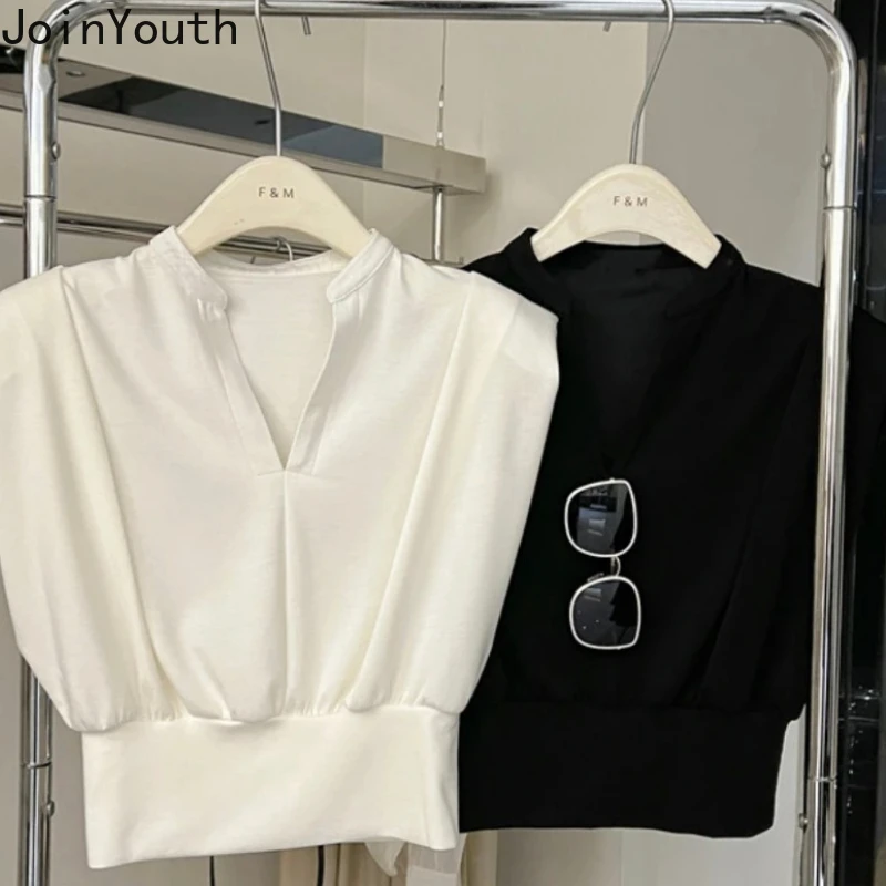 T Shirts for Women Crop Tops Flying Sleeve V-neck Tees Fashion Summer Camisetas Casual Loose White T-shirts 2025 Ropa Mujer - 2