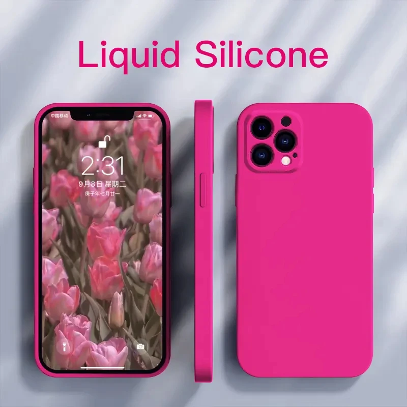 Square Solid Color Liquid Silicone Case For iPhone 15 14 13 11 12 Pro Max Mini 14 Plus XR X XS Max Shockproof Soft Cover funda