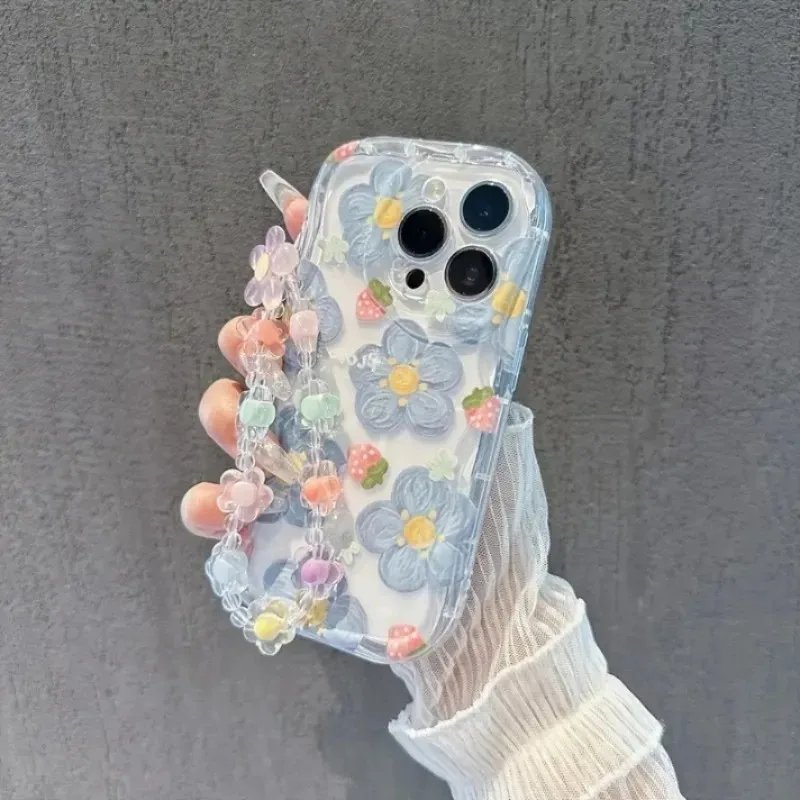 Strawberry Flower Clear Phone Case with Lanyard Cover