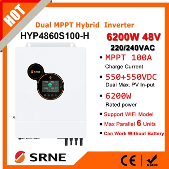 SRNE 6.2KW 48VDC 220V Single Phase Hybrid Solar Inverter Off-grid Inverter Dual PV Max 550VDC Mppt 100A Charger Parallel 6 Units