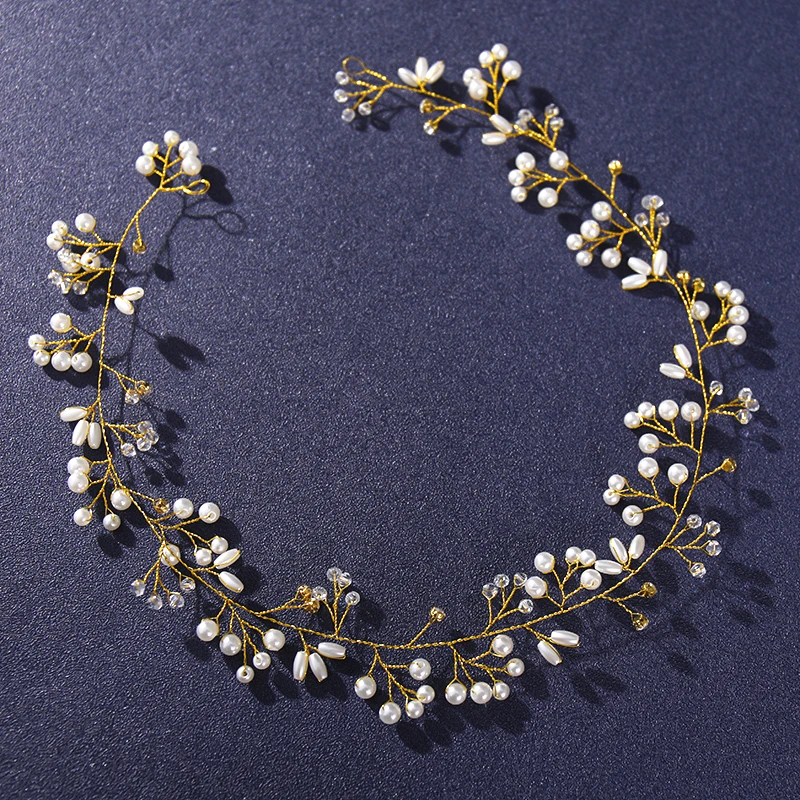 Handmade Gold Silver Color Long Crystal Headbands For Women Bride Pearls Wedding Hairband Hair Accessories Jewelry