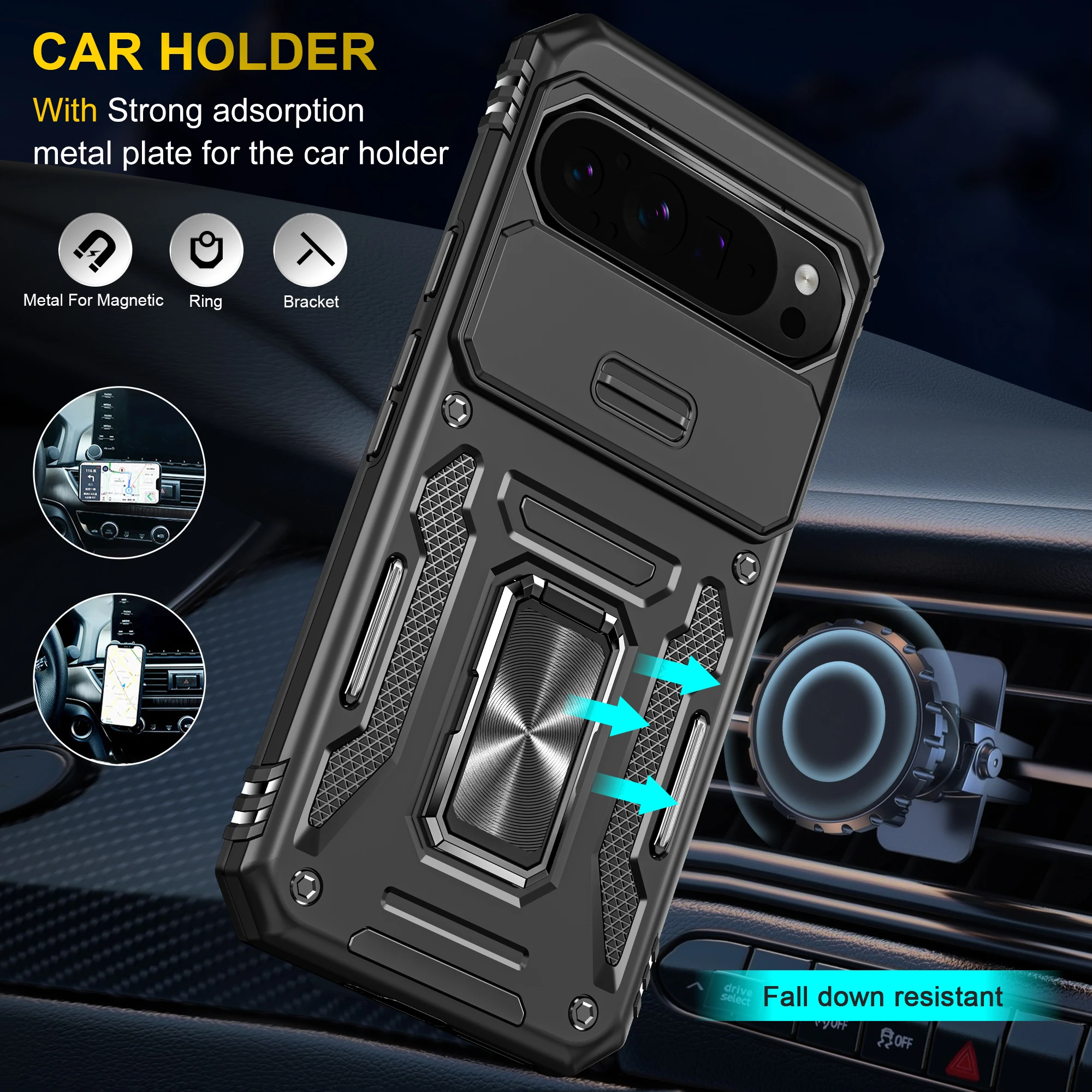 Enhanced Magnetic Ring Holder Armor Phone Case with Slide Camera Protector