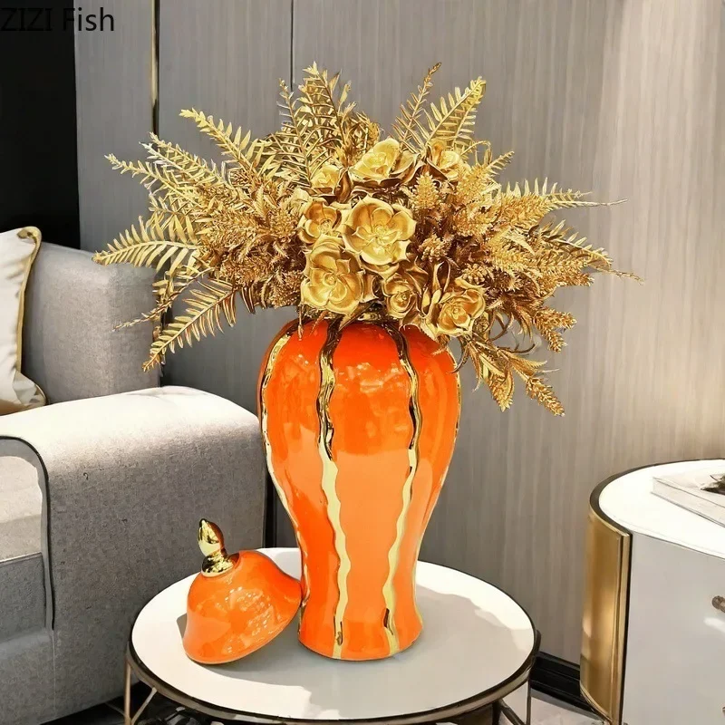 Gold-plated Stripes General Tank Porcelain Ginger Jar Creative Vase Flowers Arrangement Dresser Table Jewelry Cosmetic Container 4