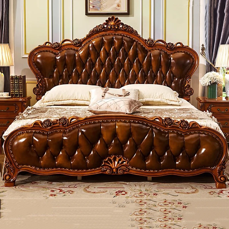 

American Wood Princess Double Bed Large Modern Leather Girl Luxury Double Bed Wood European Style Cama Matrimonial Furniture