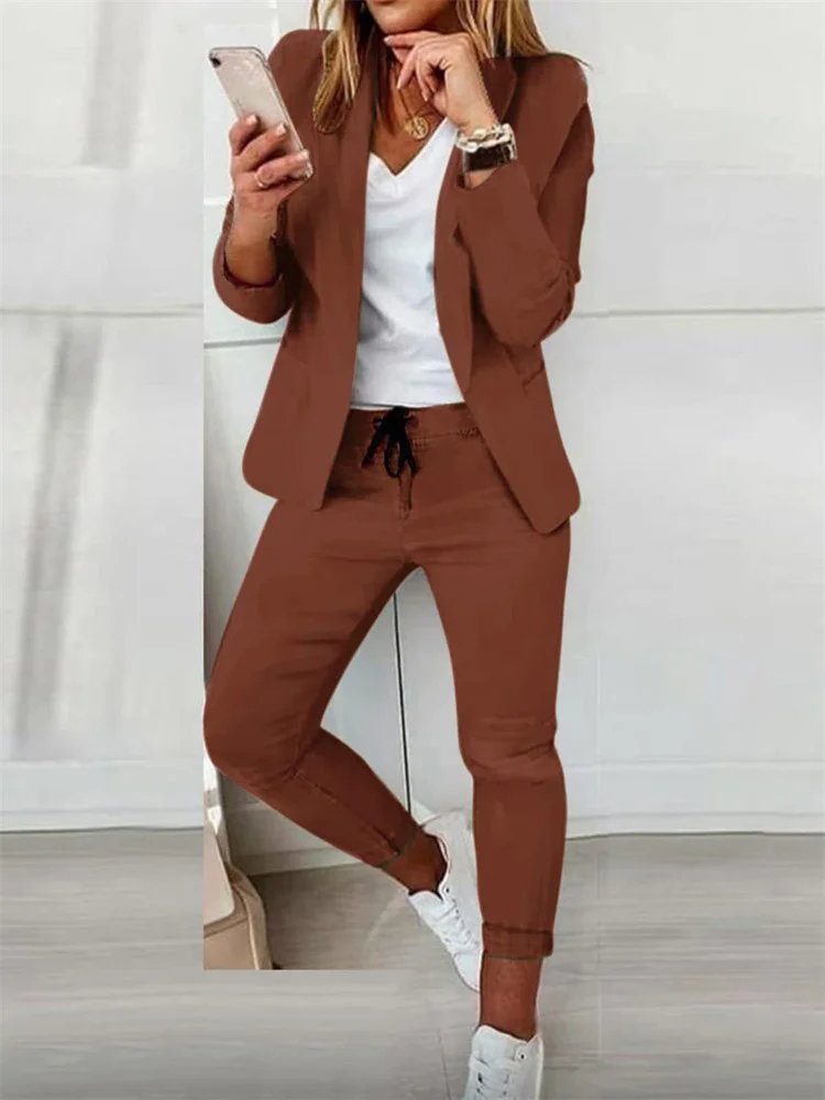 Wmstar Two Piece Set Women Solid Suit Top Lace Up Pants Sets Fall Clothes Office Lady Matching Outfits Wholesale Dropshipping