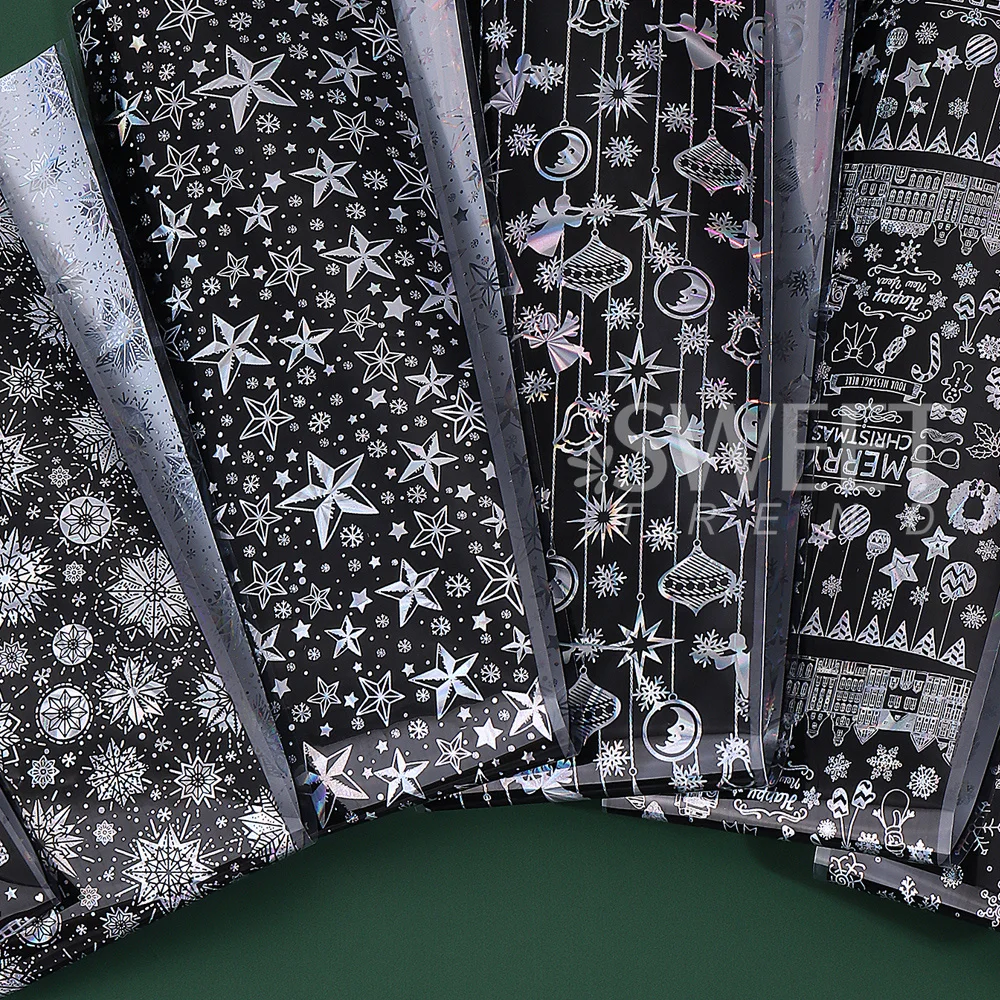 10pcs Laser Christmas Nail Foils Set Winter Stars Snowflakes Gift Gingerbread Man Transfer Foils Sheets Nail Manicure Decoration