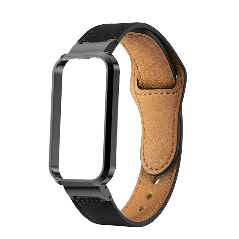 Premium Leather Strap with Metal Cover for Smart Band Wristbands – Elegant Protective Case Shell Frame