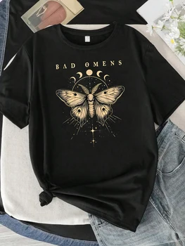 BAD OMENS letter pattern round neck women's T-shirt short sleeve fashion print half sleeve shirt stretch T-shirt 1