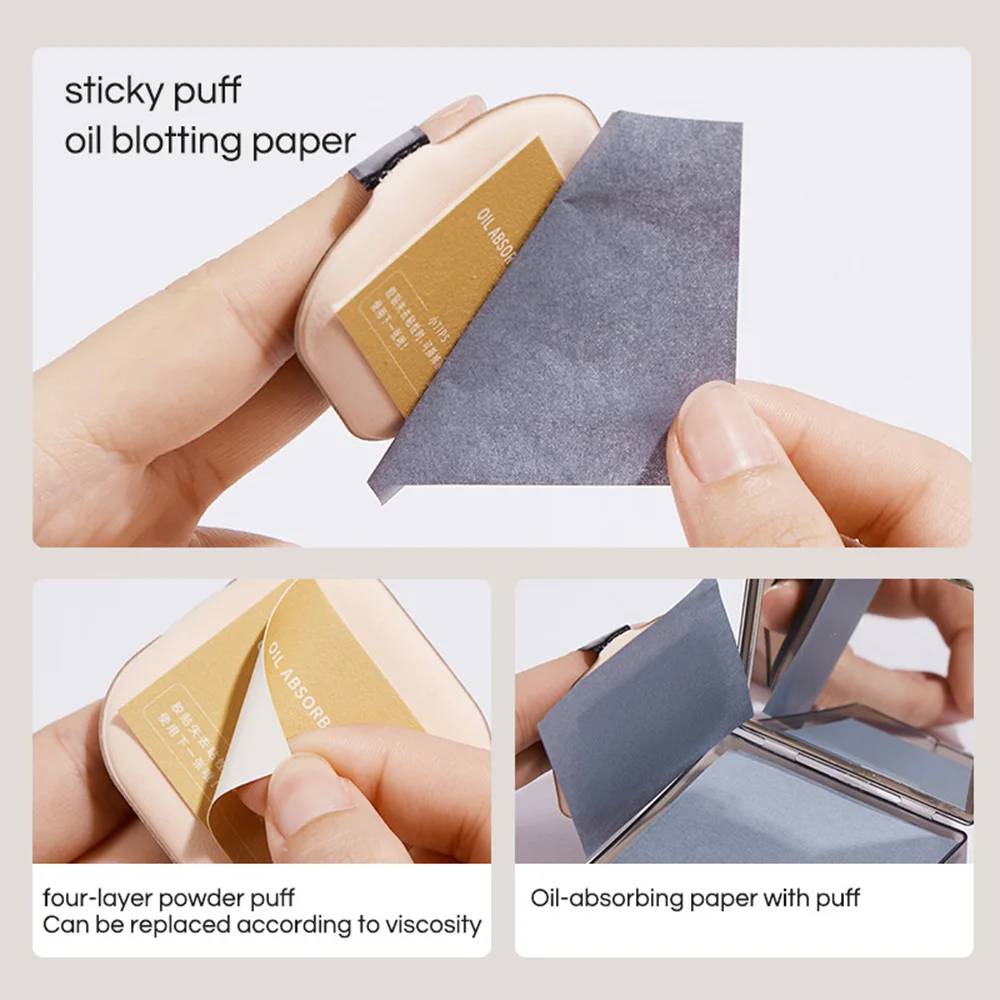 GECOMO Bamboo Charcoal Oil-absorbing Paper with Powder Puff Mirror Portable For Long-lasting Makeup 100 Sheets in a Box face oil absorbing paper