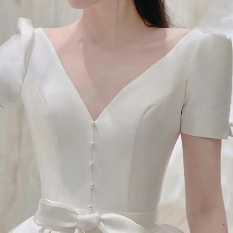 Classic V-neck Bridal Dresses 2024 New Satin Wedding Dress  With Sweet Bow Belt Simple Long A-line Evening Dress Customized 4
