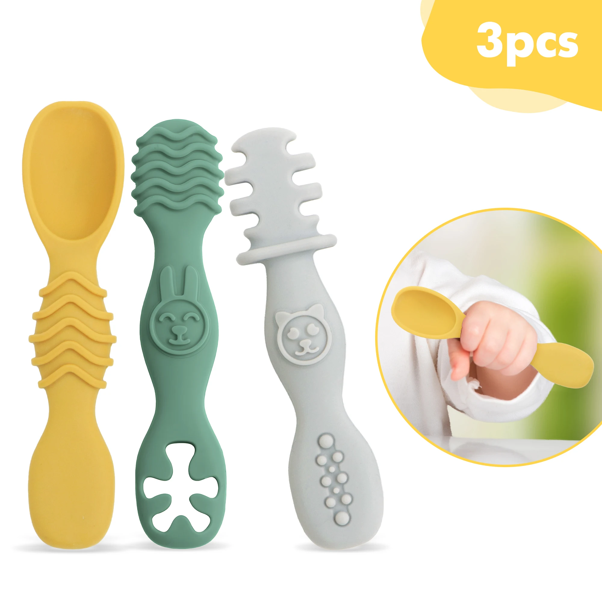 3피스 실리콘 이유식 스푼, BPA 프리, 이유식 스푼, 셀프 수유-를 위한 필수 수유 세트