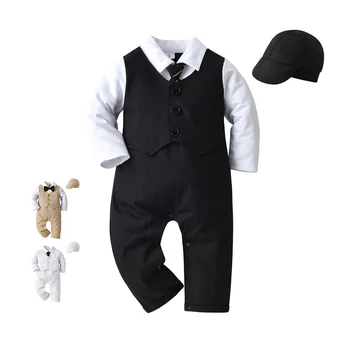 Gentleman Baby Boy Baptism Birthday Clothes Set Formal 0-18 Months Infant Romper Bow Hat 3 PCS Suit Children Christening Outfit 1