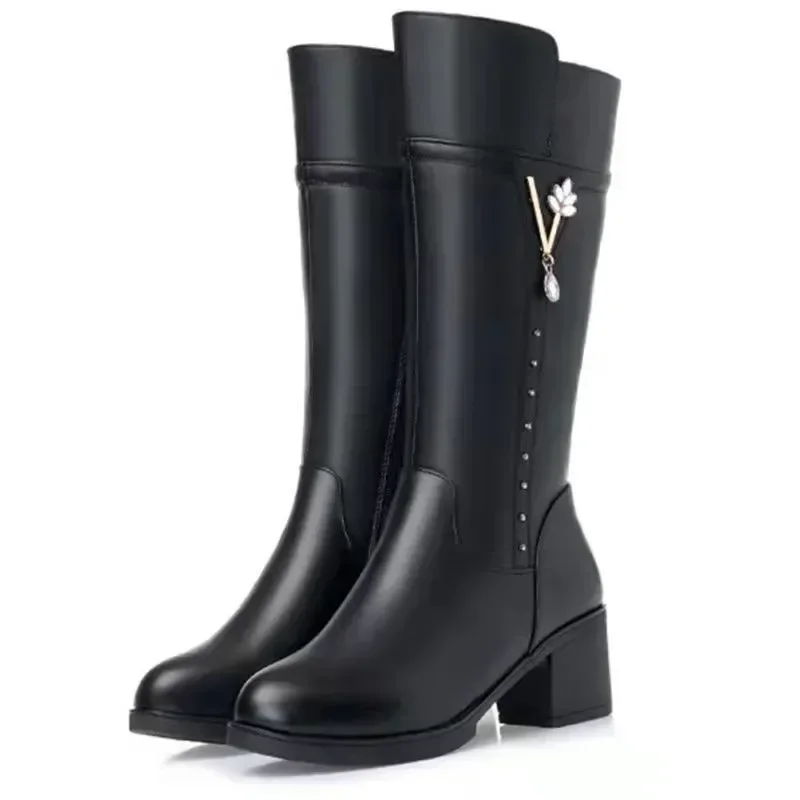 Women's Knee-High Boots Winter Short Plush Platform Round Toe Square Heel