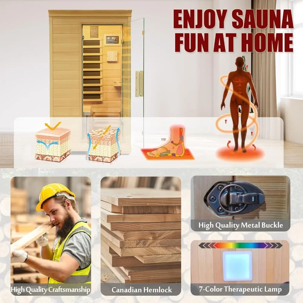 Sauna, Indoor 1 Person Hemlock Wood Dry Sauna Digital Controler Bluetooth Player, 5 Heating Panels, Home Far Infrared Sauna Room 6