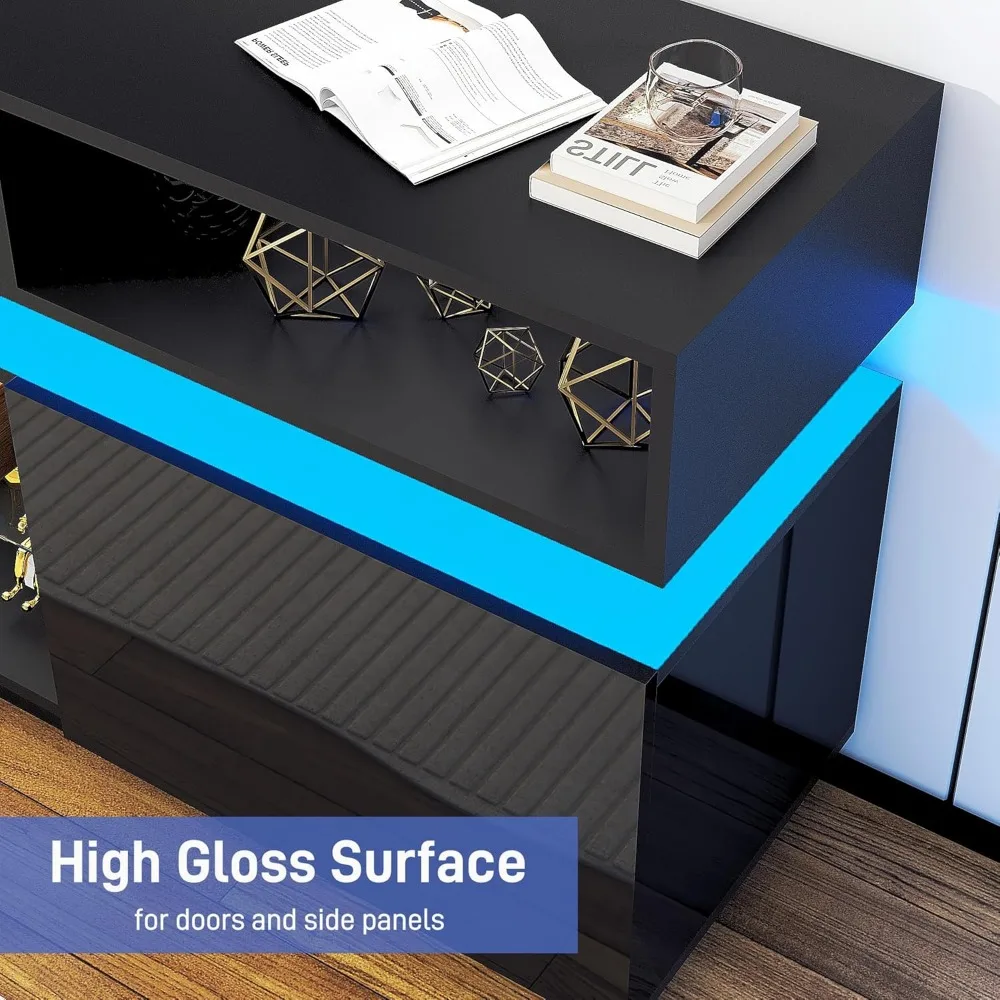 LED TV Stand for 80 Inch TV, Modern Tall Entertainment Center with Storage, High Gloss Gaming TV Media Console with Glass Shelf 4