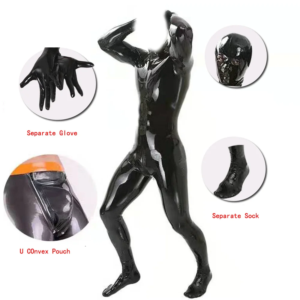 Sexy Men Oil Shiny Full Body Cover Bodysuit PU Faux Leather U Convex Pouch Jumpsuit Sexy Tight Gay Wear Plus Size With Glove