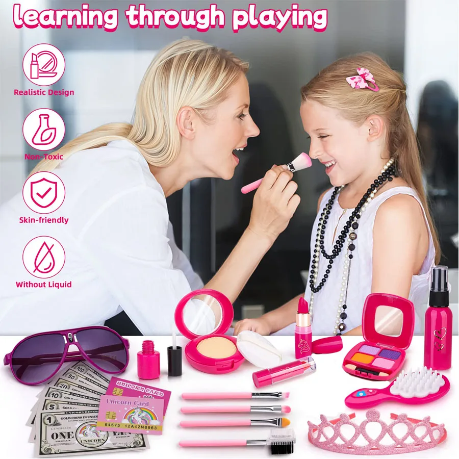 Girl Pretend Makeup for Kids,Fake Make Up Toys for Little Girls with Princess Purse, Toddler Makeup Kit,Girls Birthday Gifts(Acc