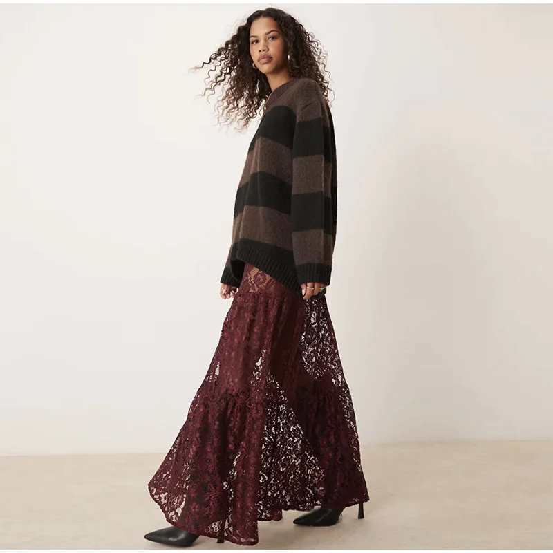 Elegant Floral Lace Hollow Out Skirts Women Sexy Retro Solid Low Waist Long Skirt Female Korean Autumn Summer Loose Versatile
