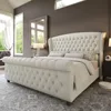 Queen Size Platform Bed Frame, Chenille Upholstered Sleigh Bed with Scroll Wingback Headboard  Footboard/Button Tufted,Bed Frame 1