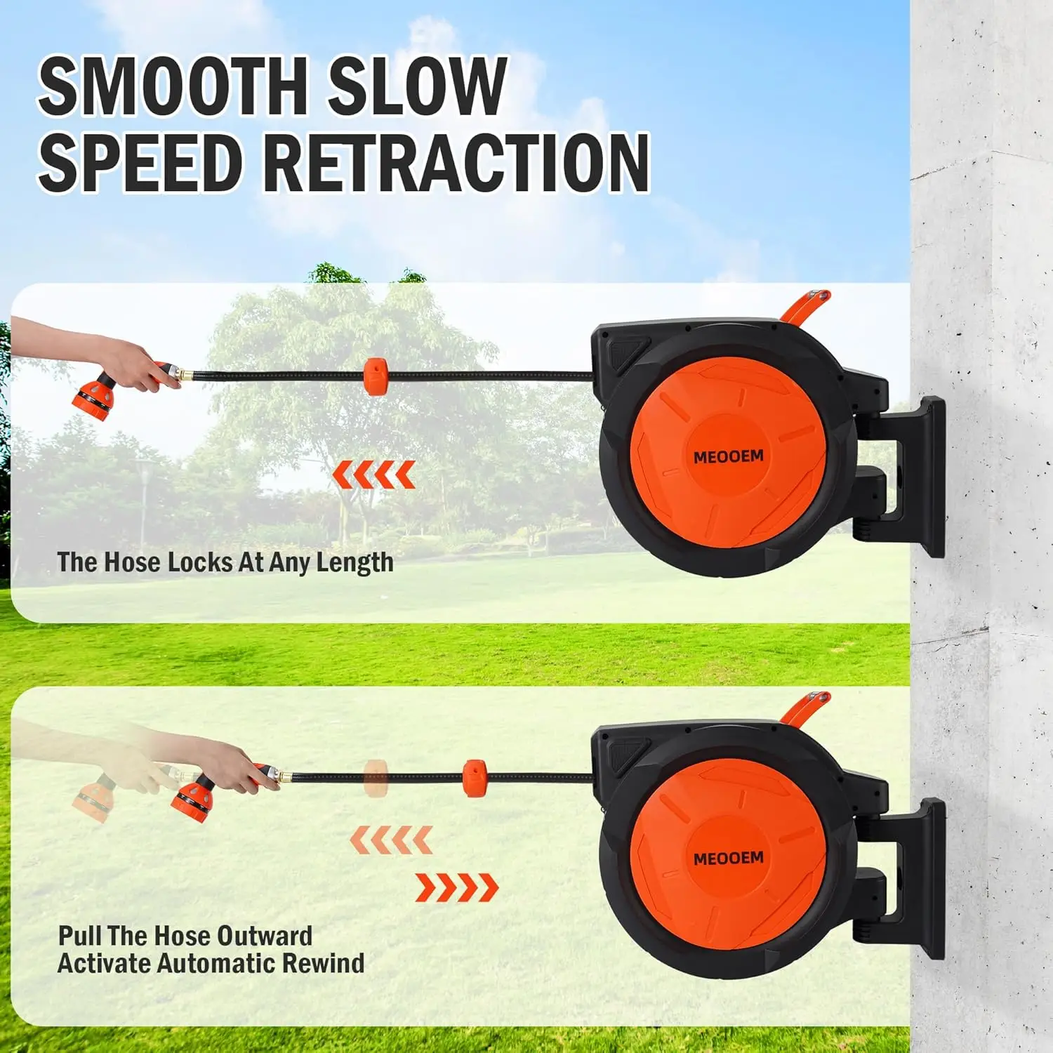 1/2 Inch 150FT Retractable Garden Hose Reel Wall Mounted Heavy Duty, 10 Pattern Nozzle & 180°Swivel Bracket, Automatic Rewind