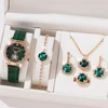 6PCS Set Green Luxury Quartz Watch Women Ring Necklace Earring Rhinestone Fashion Wristwatch Casual Ladies Bracelet Watches 6PCS - Green